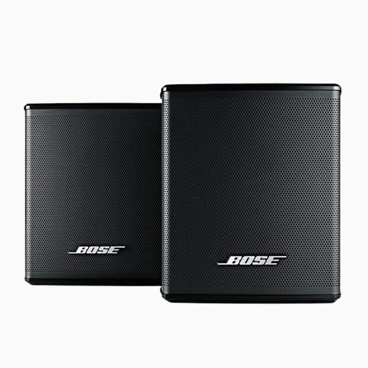 Two black Bose speakers on a white background