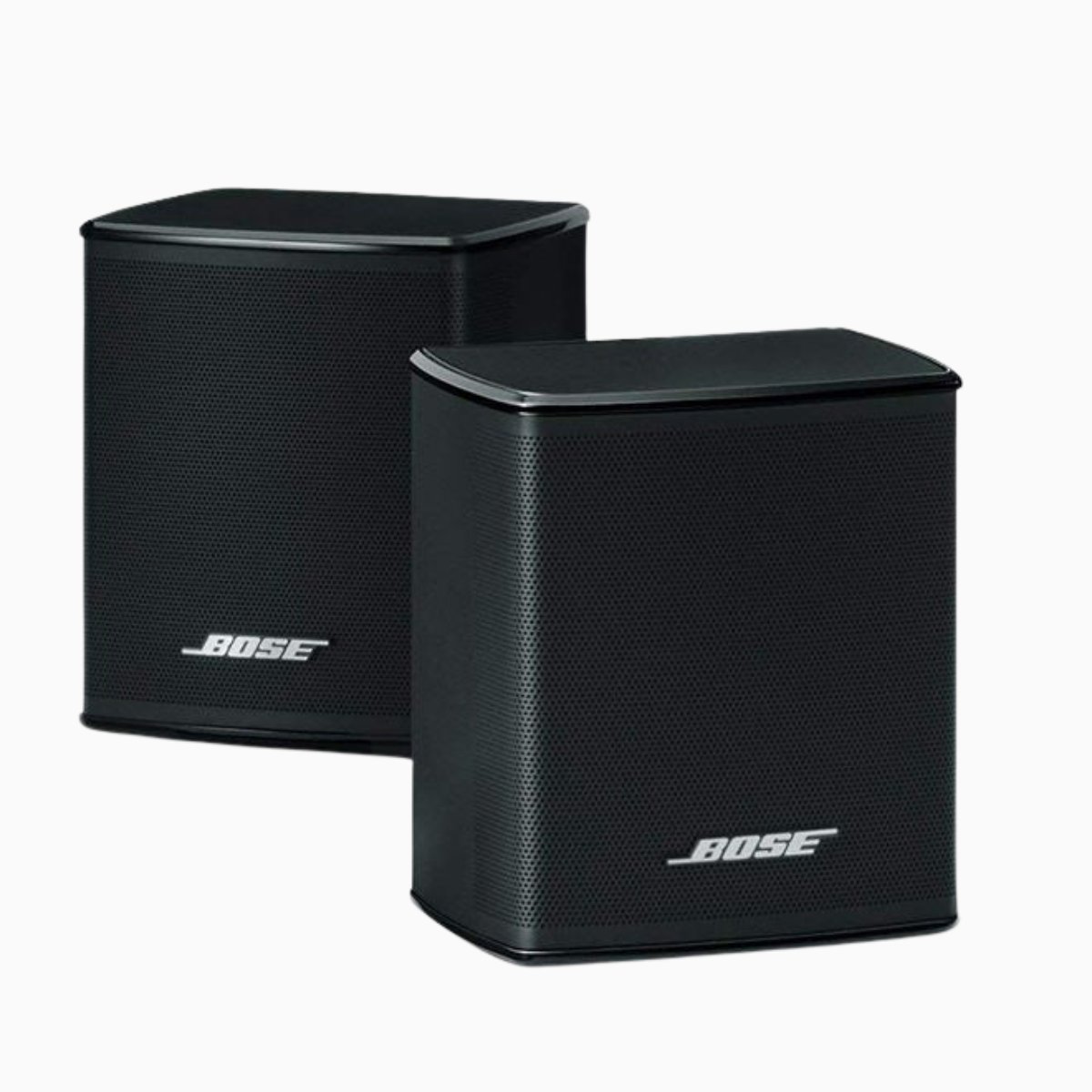 Two black Bose speakers on a white background