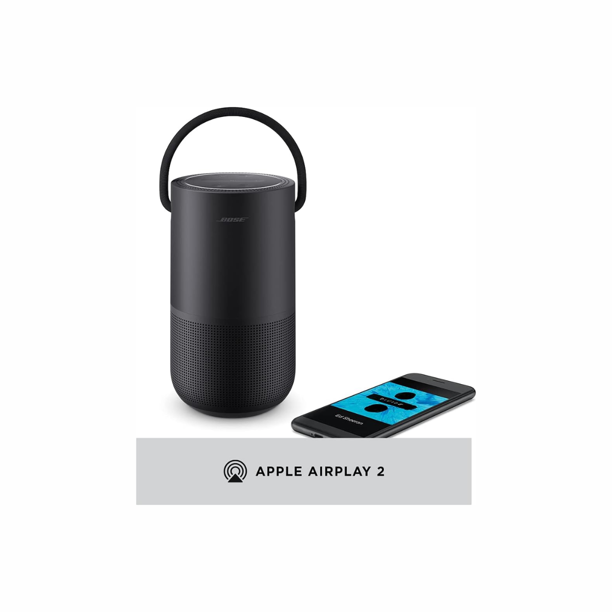 Black portable speaker with a smartphone displaying Apple Airplay 2 on a white background