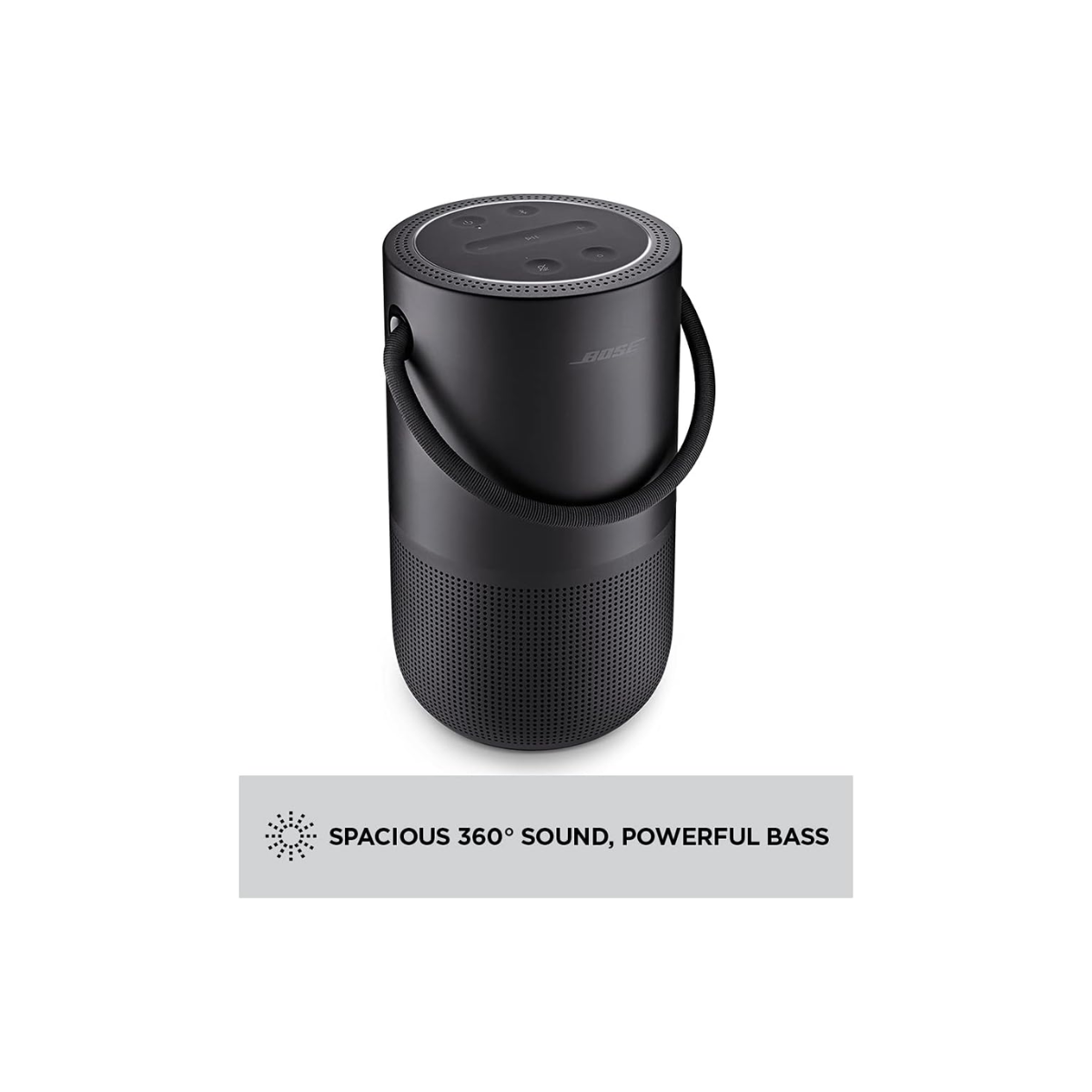 Black portable speaker with text on a white background