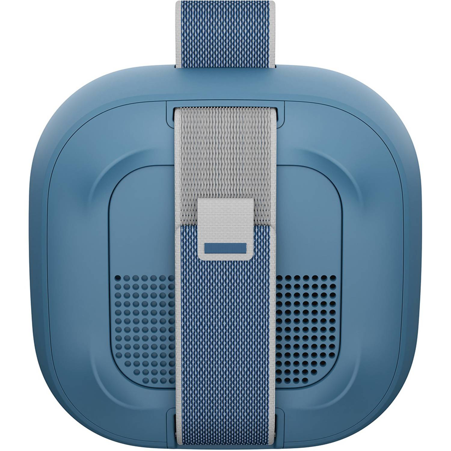 Blue portable speaker with a strap on a white background