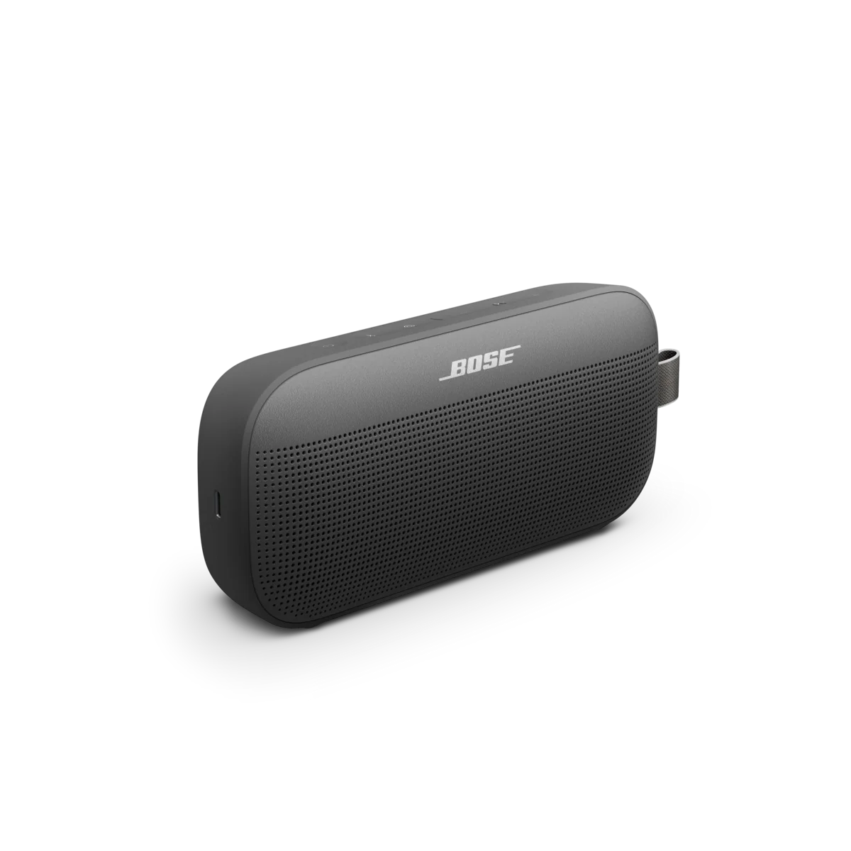 Black Bose portable speaker on a white background