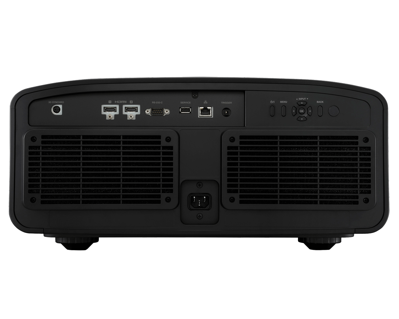 Back view of a black projector on a white background