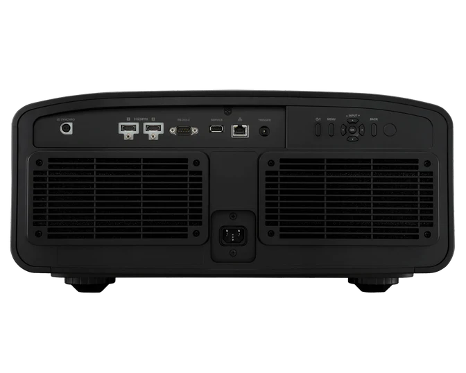 Back view of a black projector on a white background