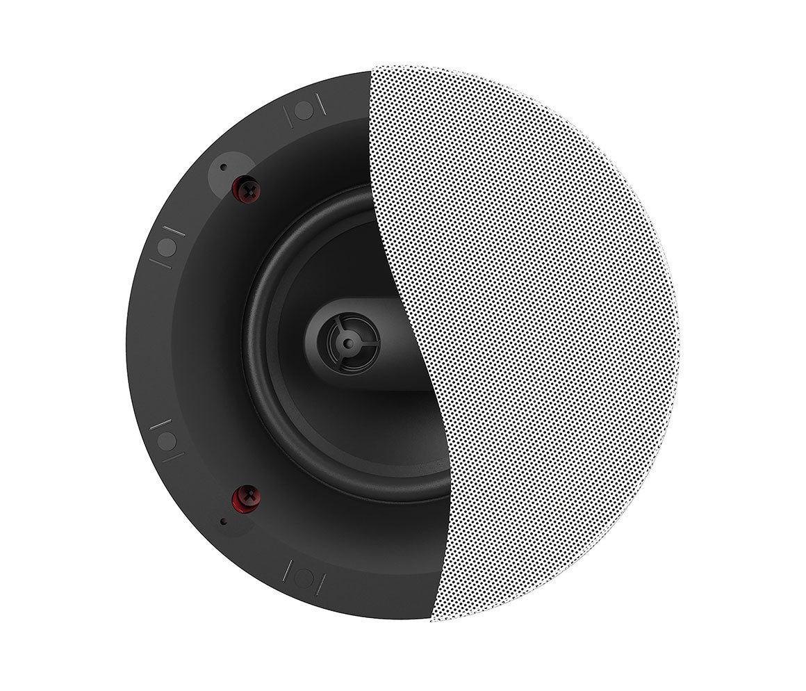 Round speaker with black and white grille on a white background