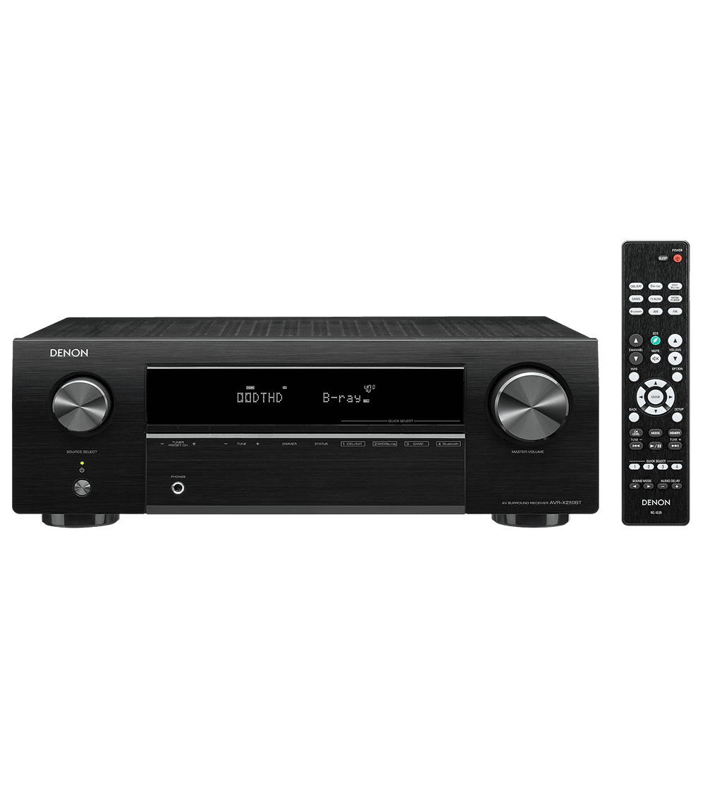 Black Denon audio receiver with remote control on a white background