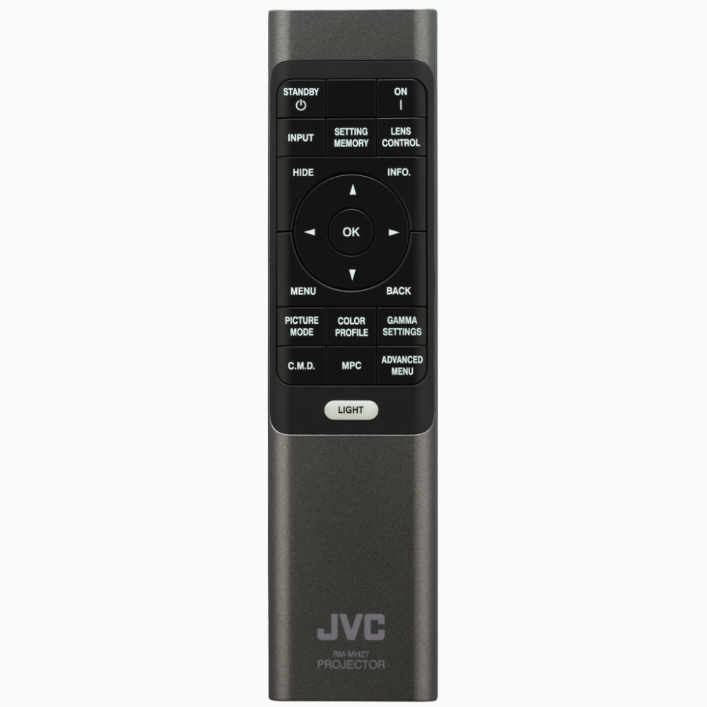 JVC projector remote control on a white background