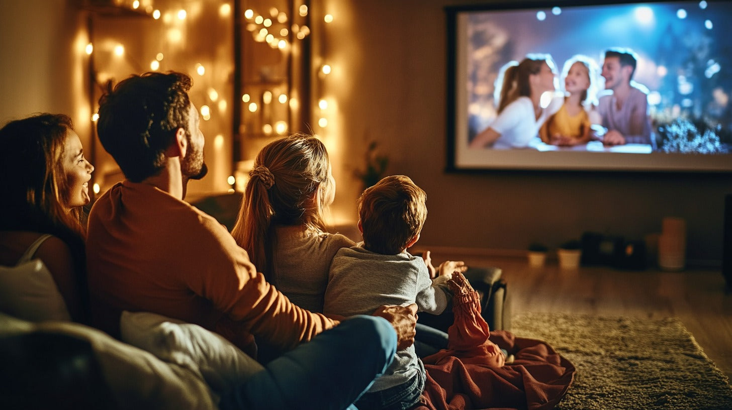 Family enjoying a home theatre experience, watching a movie on a large screen projector in a cosy living room with immersive sound and cinematic ambience