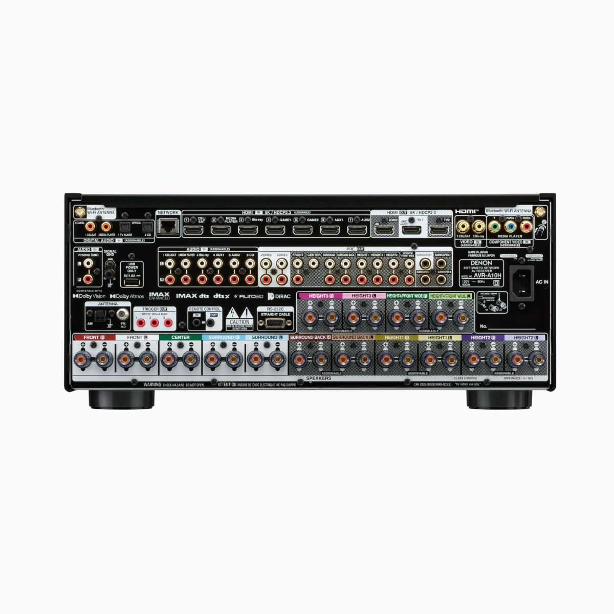 Audio mixer console with various controls and ports on a white background