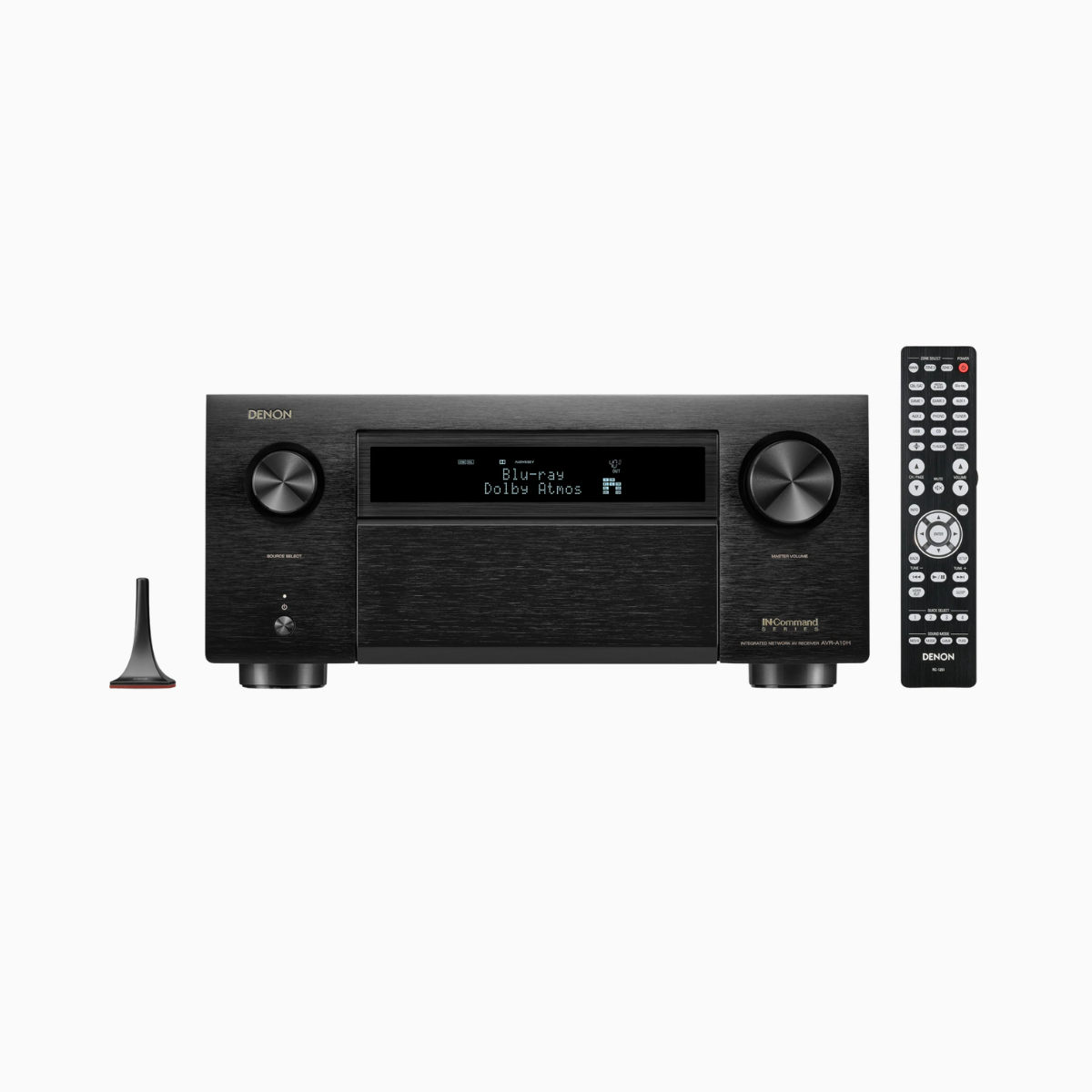 Denon AV receiver with remote control on a white background