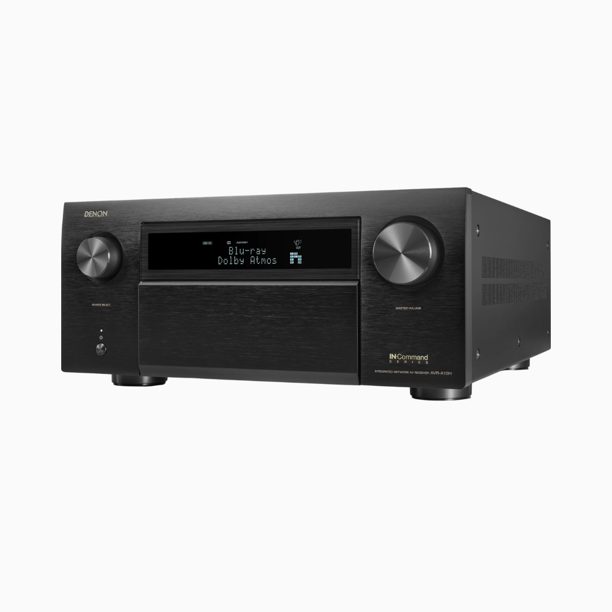 Black Denon audio receiver on a white background