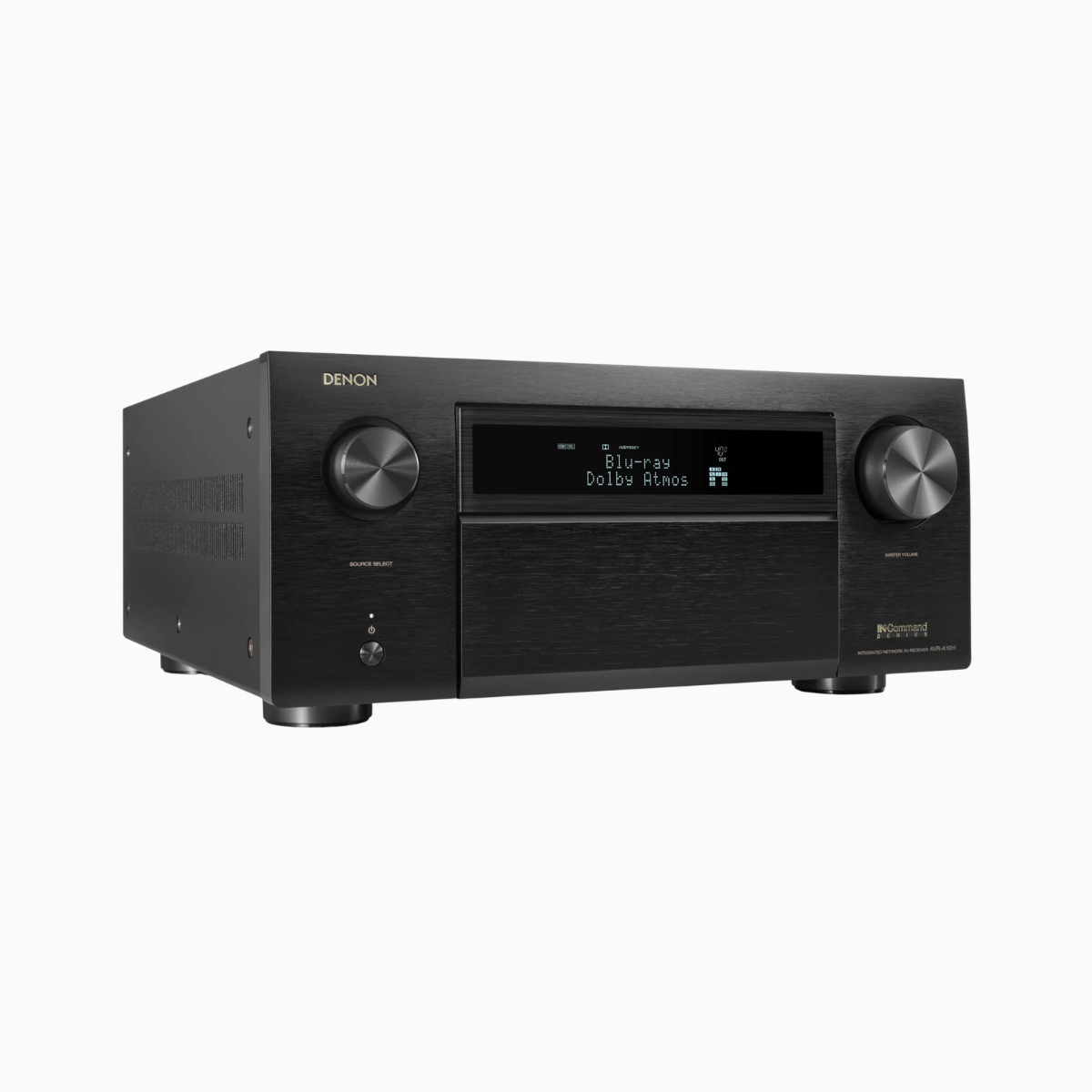 Black Denon audio receiver on a white background