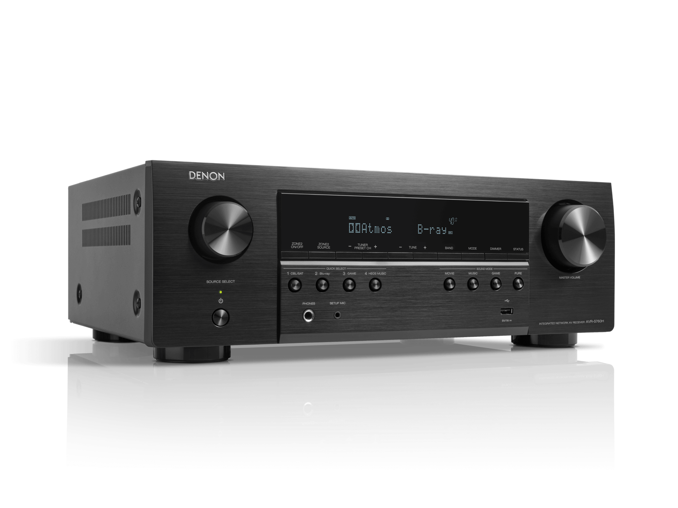 Black Denon audio receiver on a white background