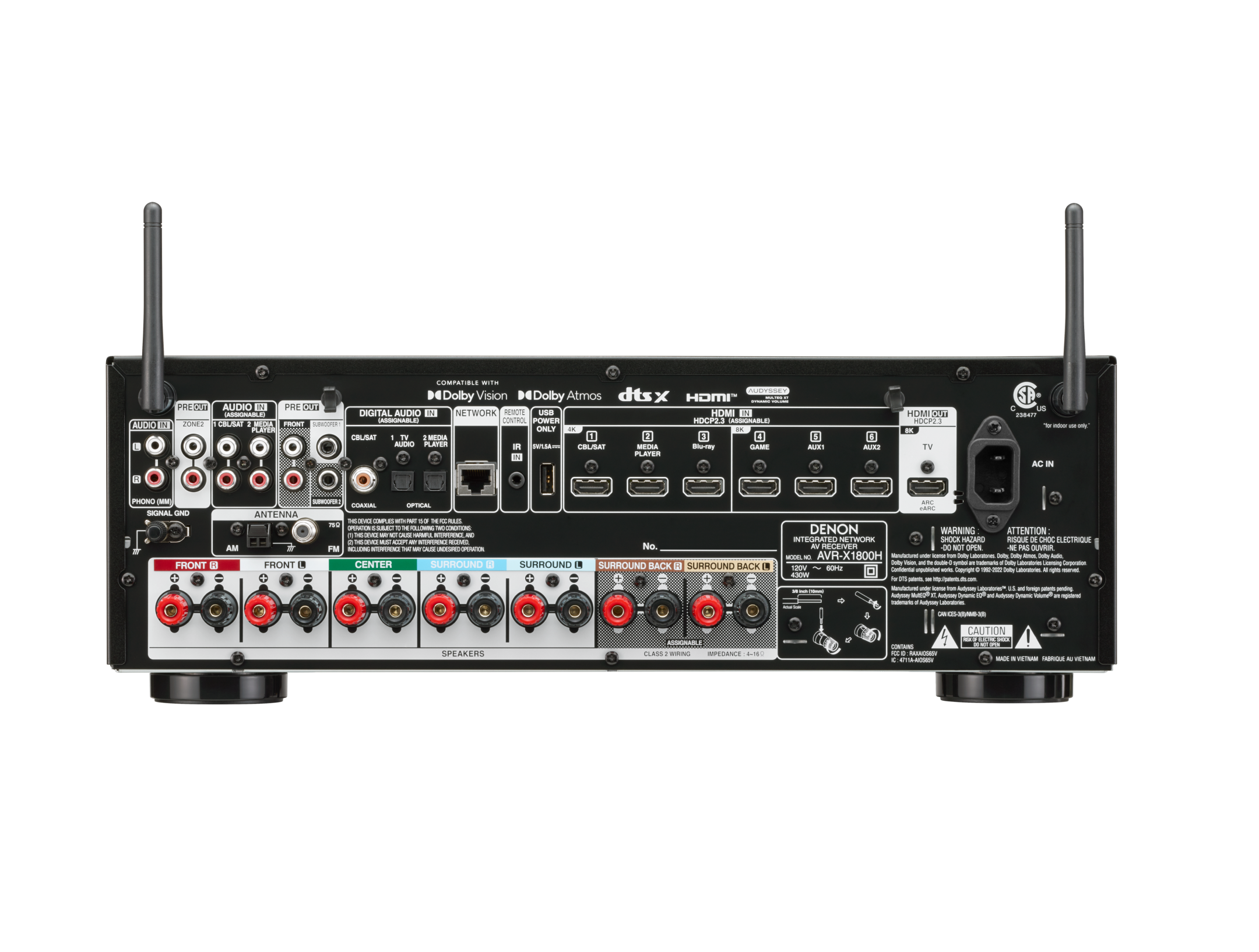 Back view of a Denon audio receiver with various control buttons and ports on a white background
