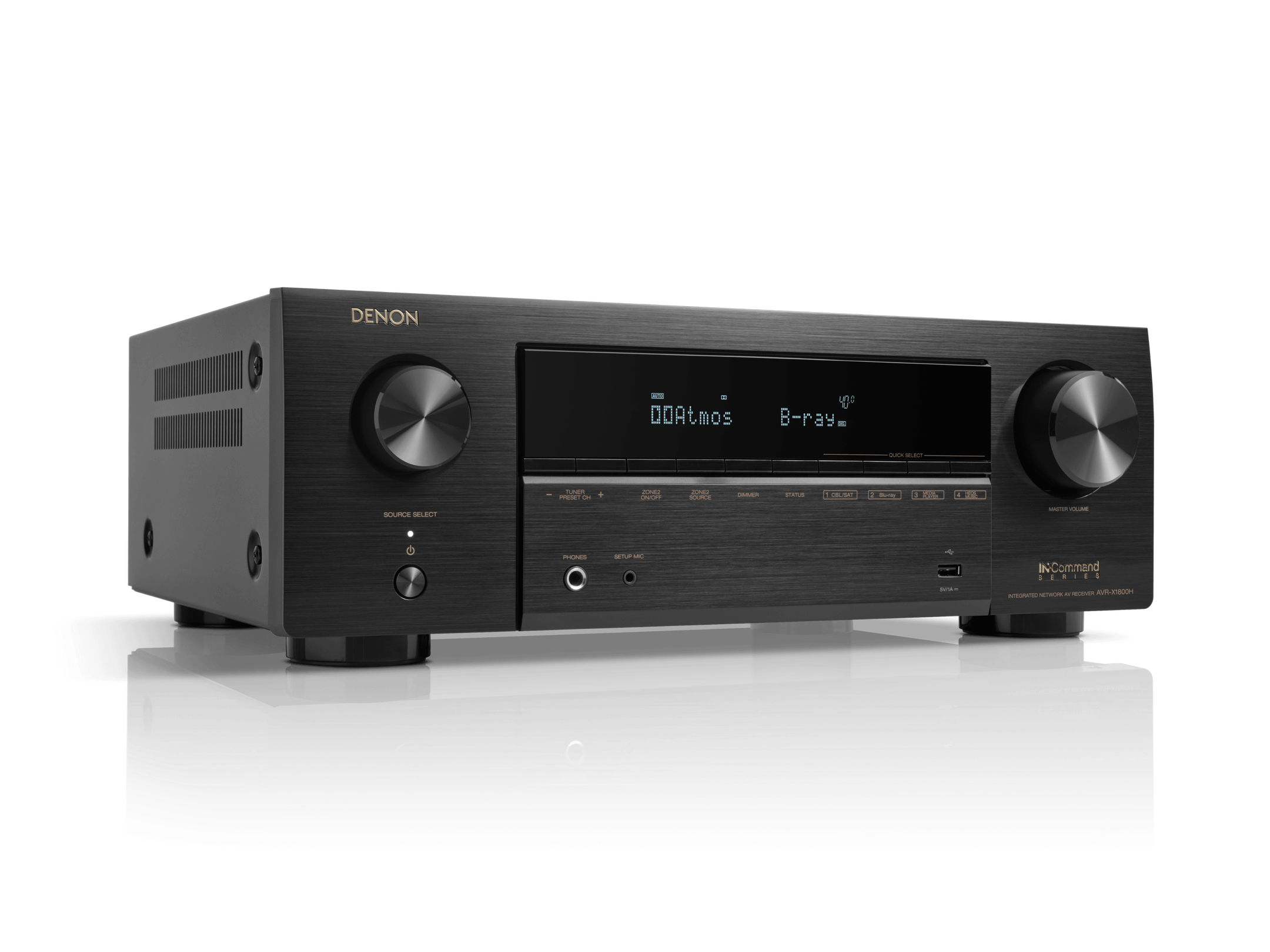 Black Denon audio receiver on a white background