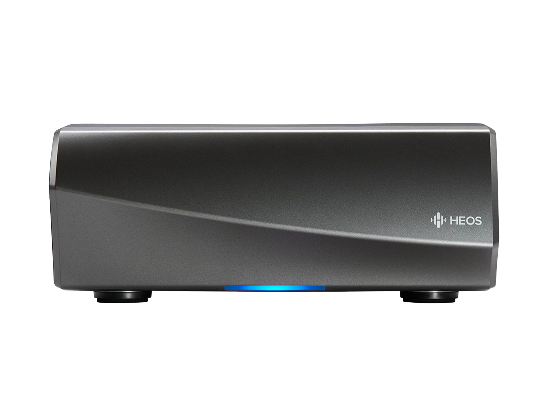 Black HEOS audio device on a white background