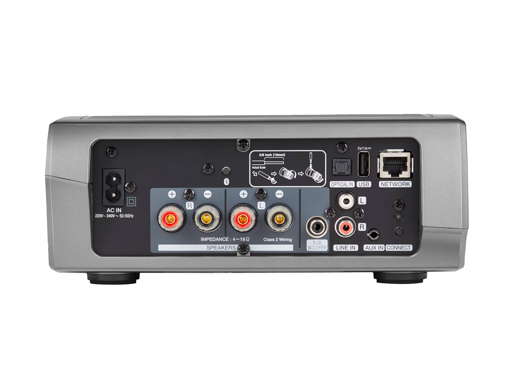 Back panel of an electronic device with various ports and labels on a white background