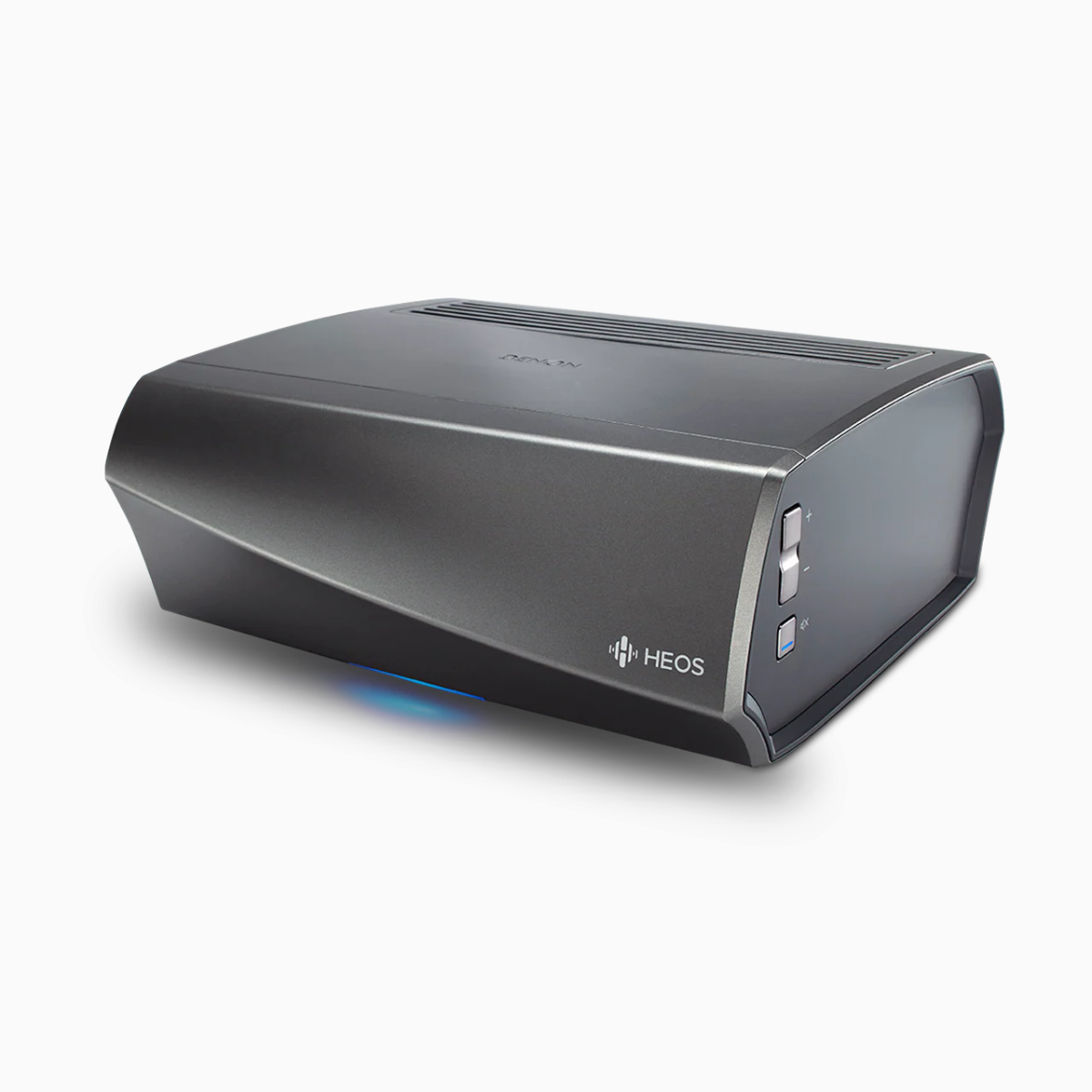 Black HEOS audio device on a white background