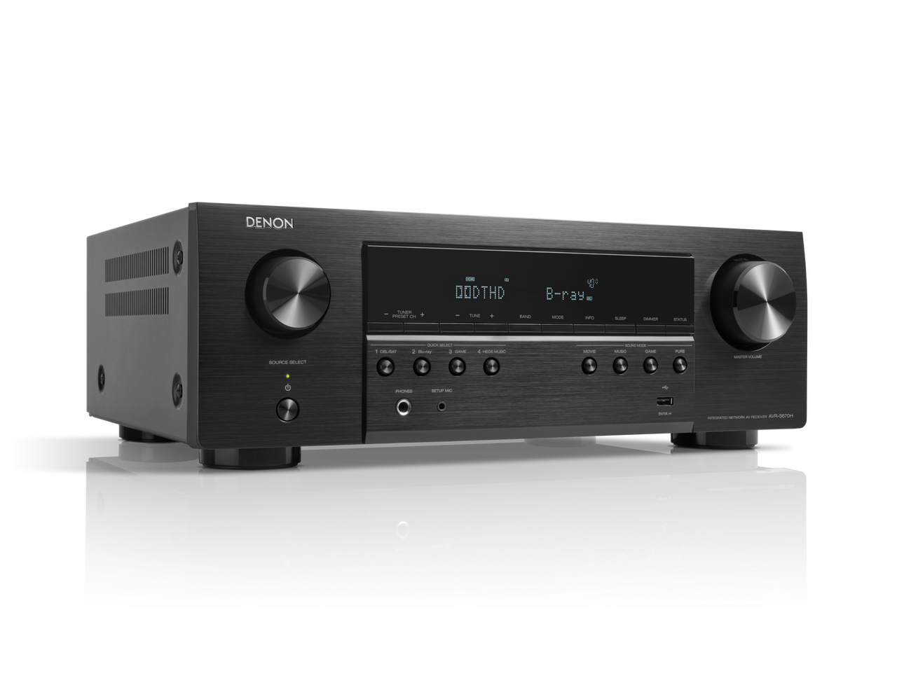 A black Denon AVR-S670H AV receiver with multiple input and output ports on the back.