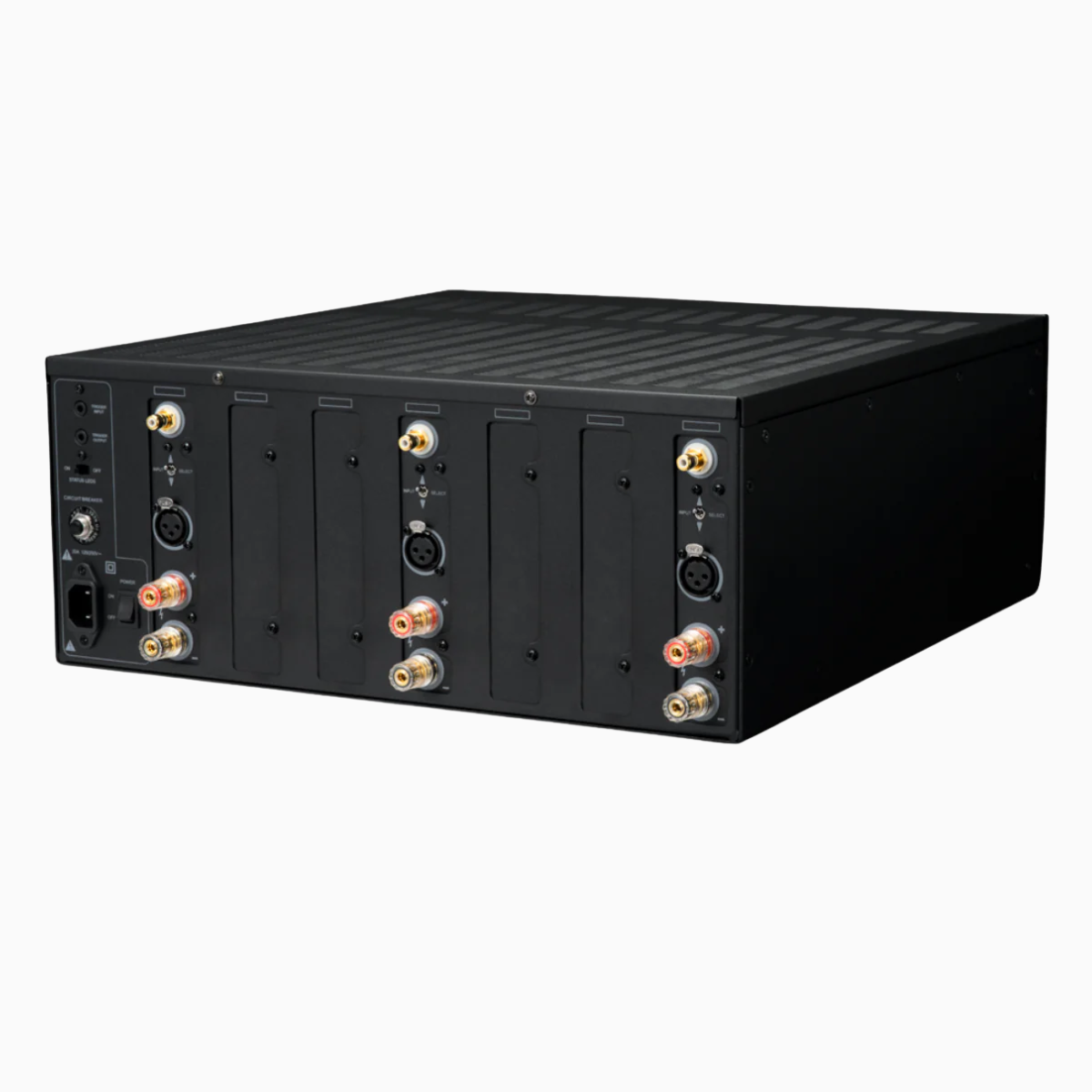 Black electronic device with multiple ports on a white background