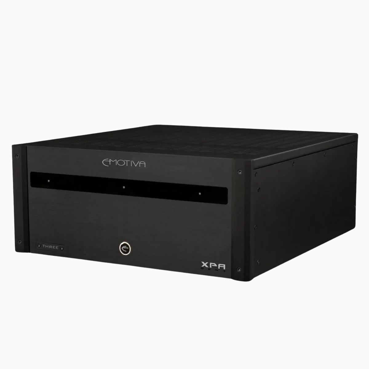 Black audio equipment box with 'Emotiva' branding on a white background