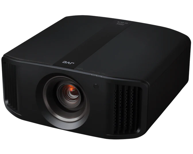 Black projector with JVC logo on a white background