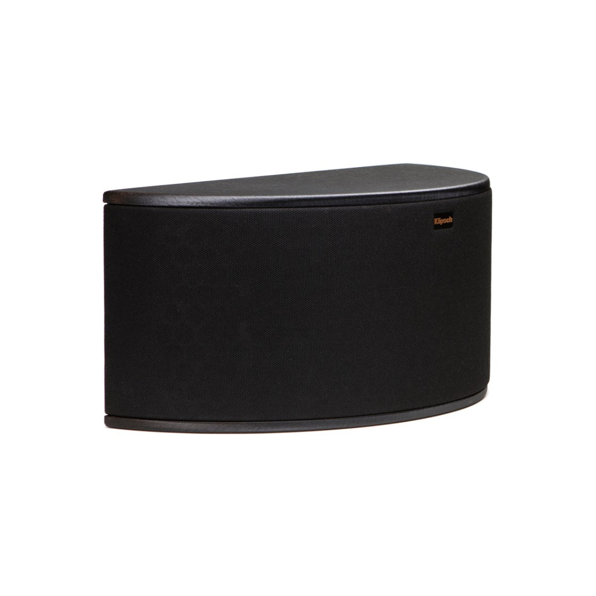 Black cylindrical speaker with brand logo on a white background