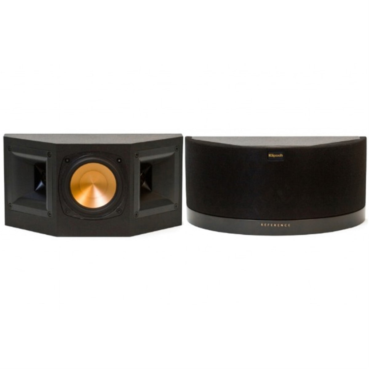 Pair of black speakers with gold center on a white background