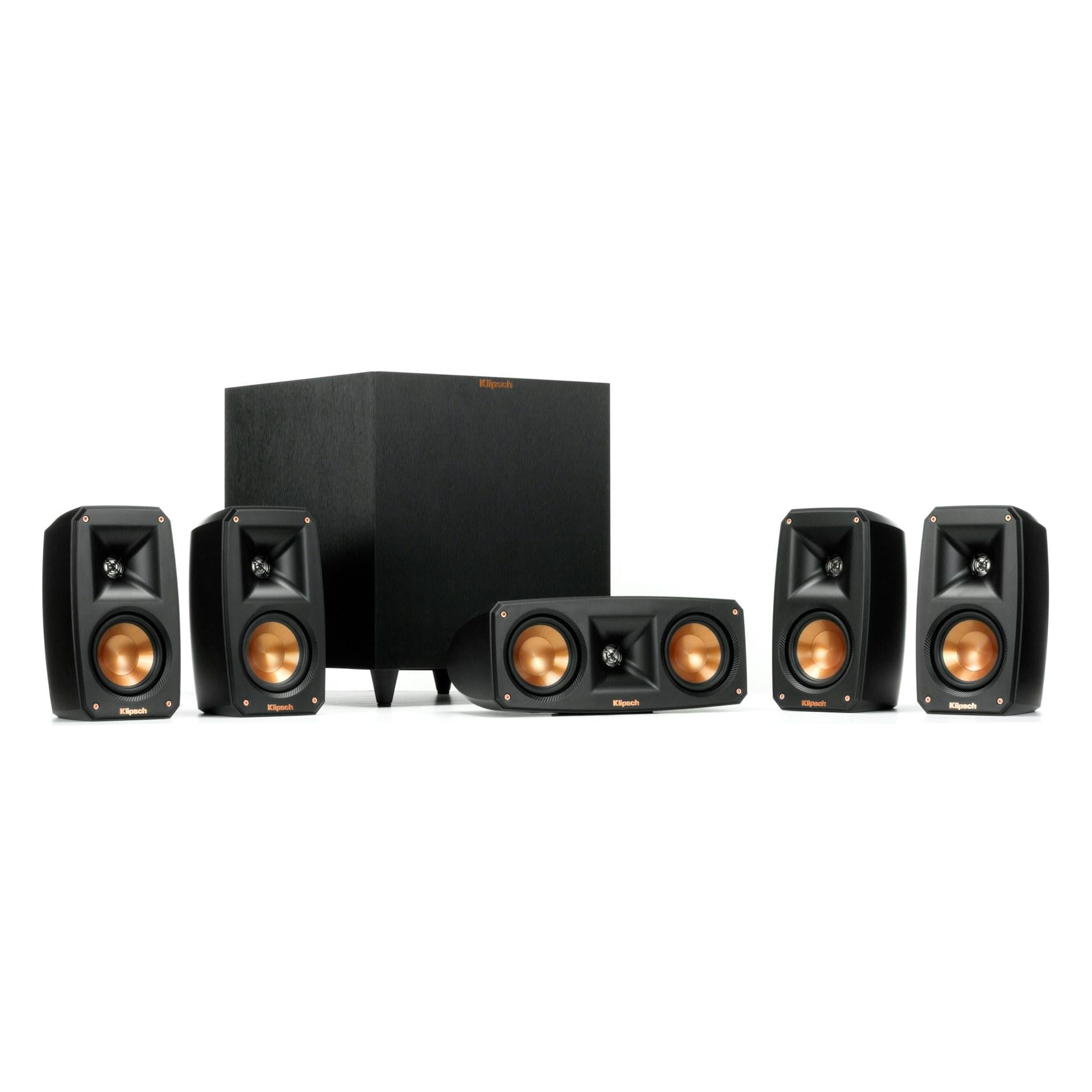 Home theater speaker system with multiple speakers on a white background