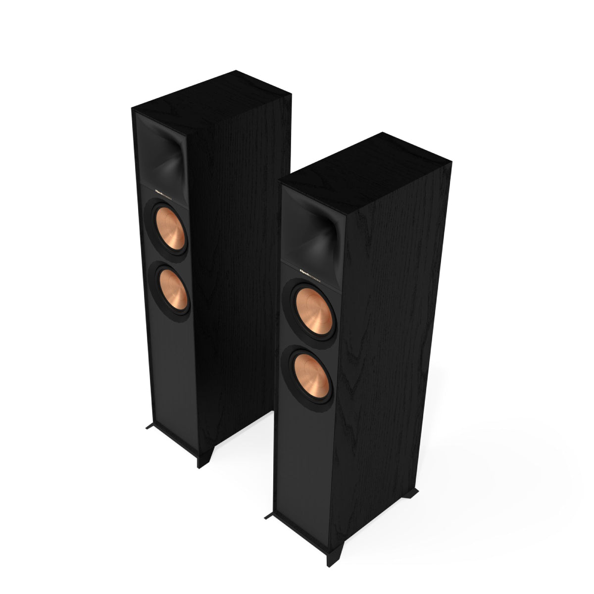 Pair of black floor-standing speakers on a white background