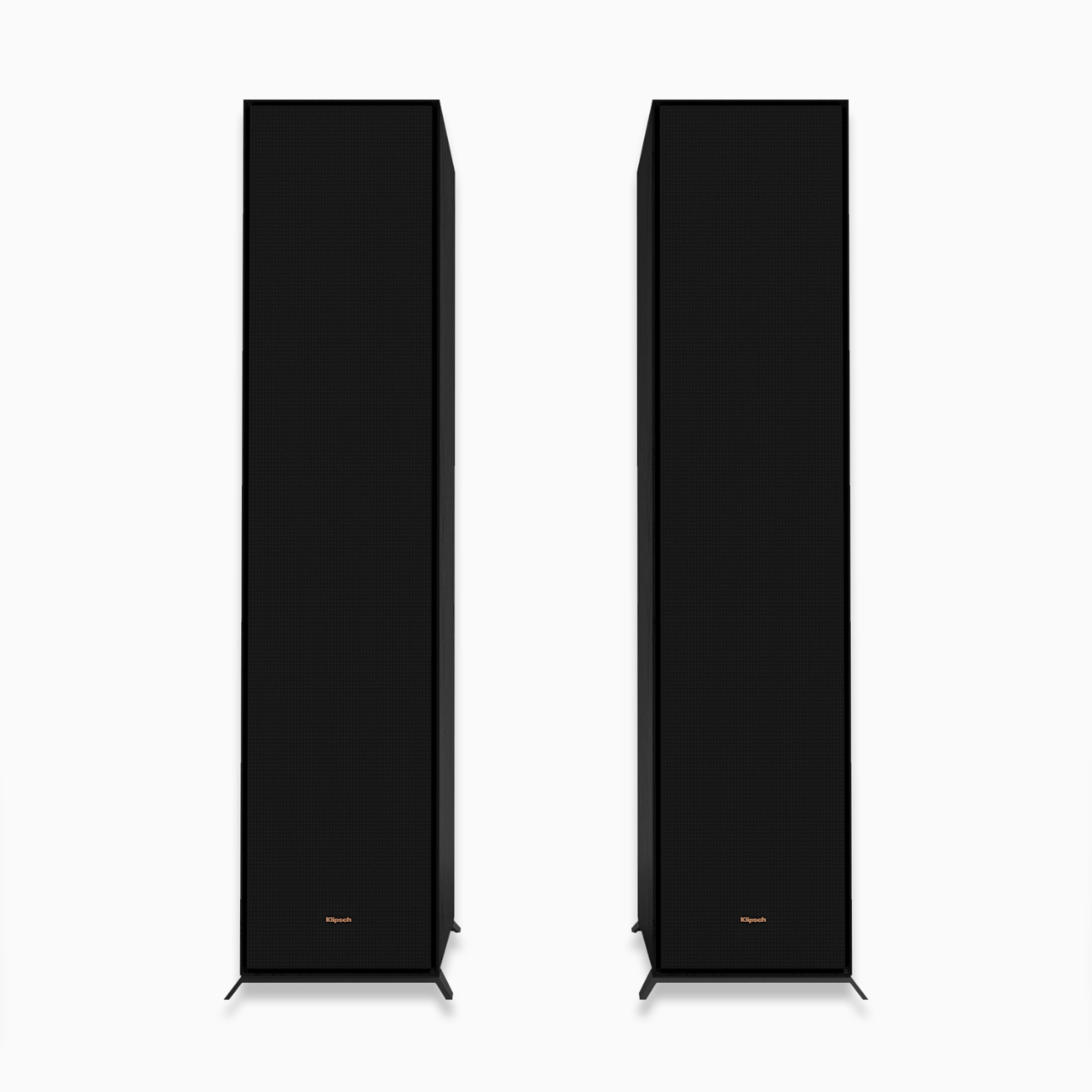 Pair of black floor-standing speakers on a white background
