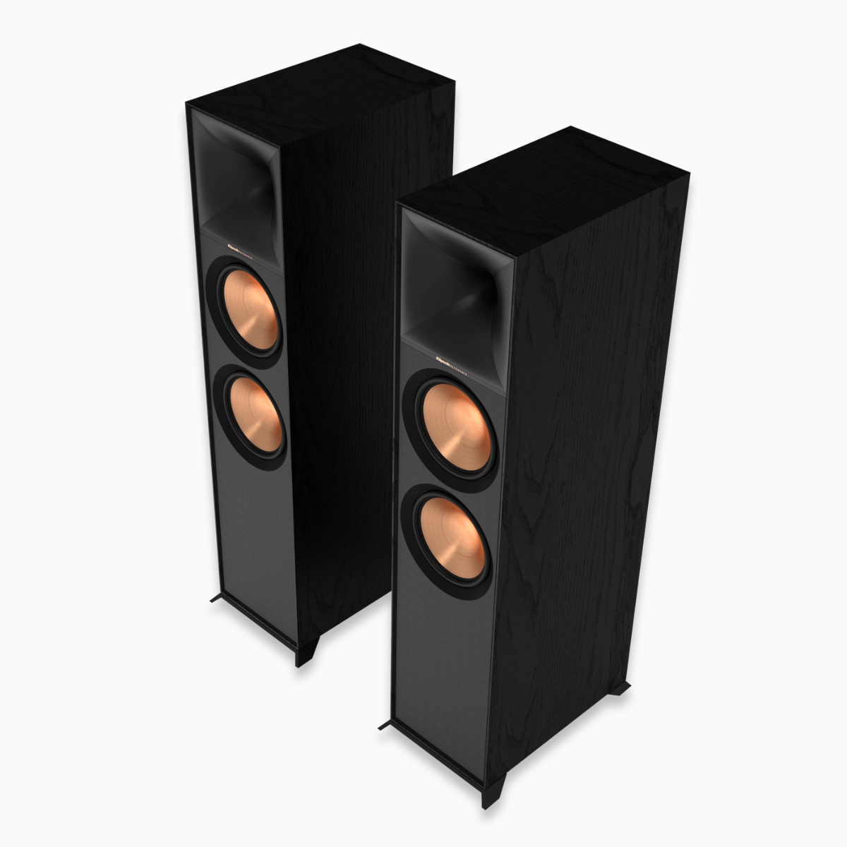 Pair of black floor-standing speakers on a white background