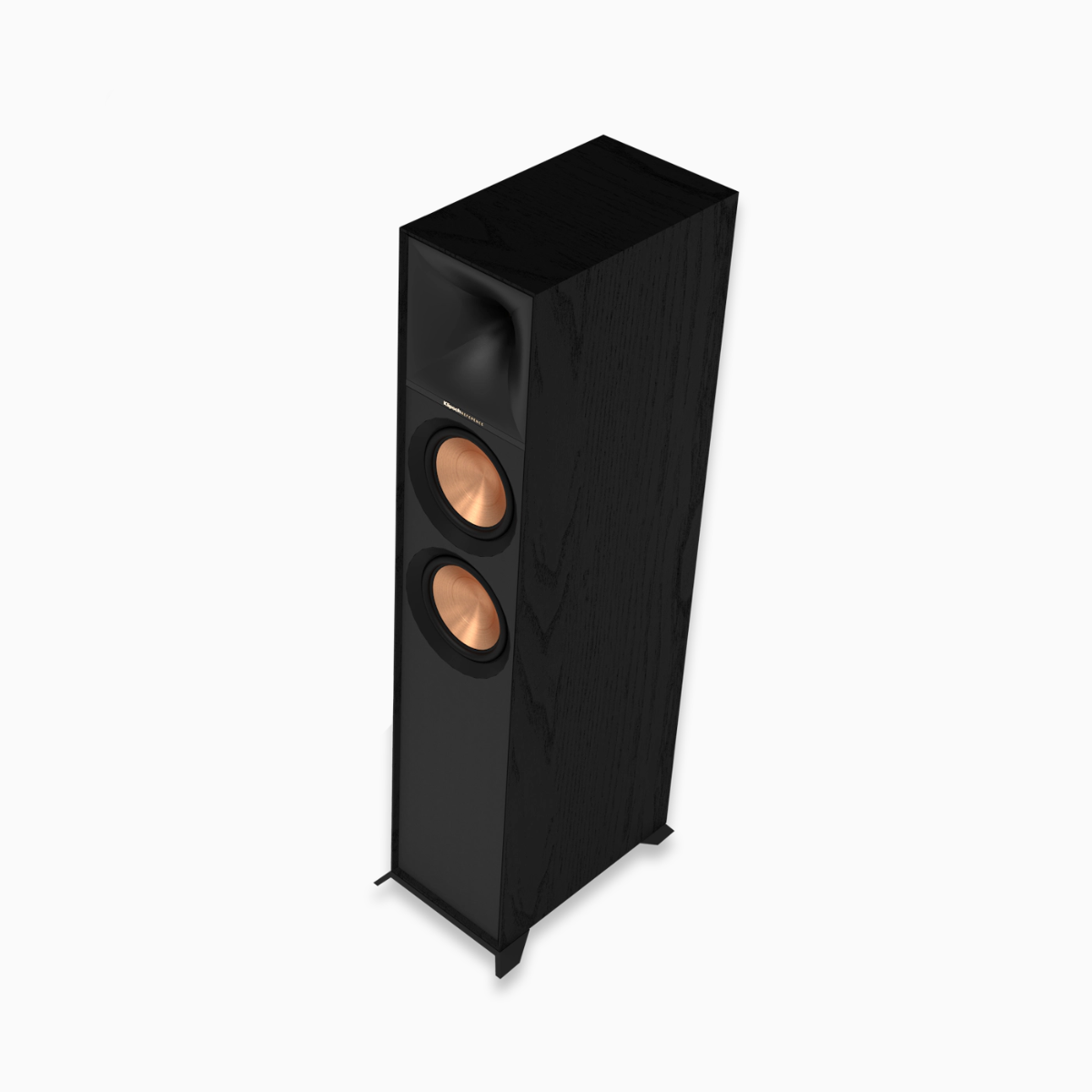 Black floor-standing speaker on a white background