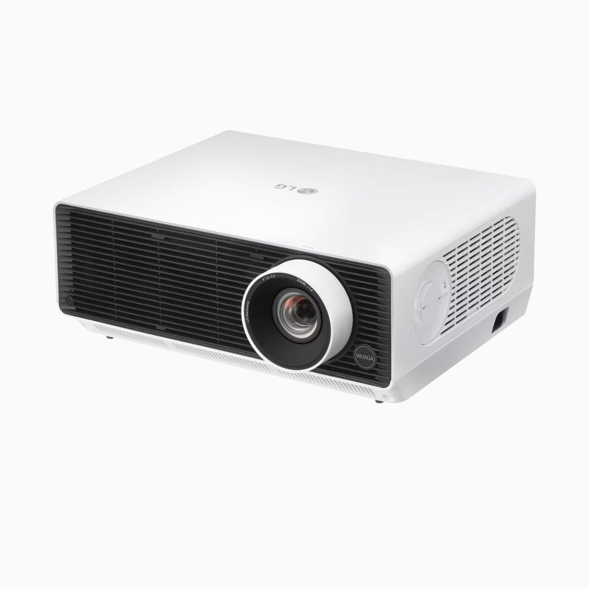 White projector with black accents on a white background