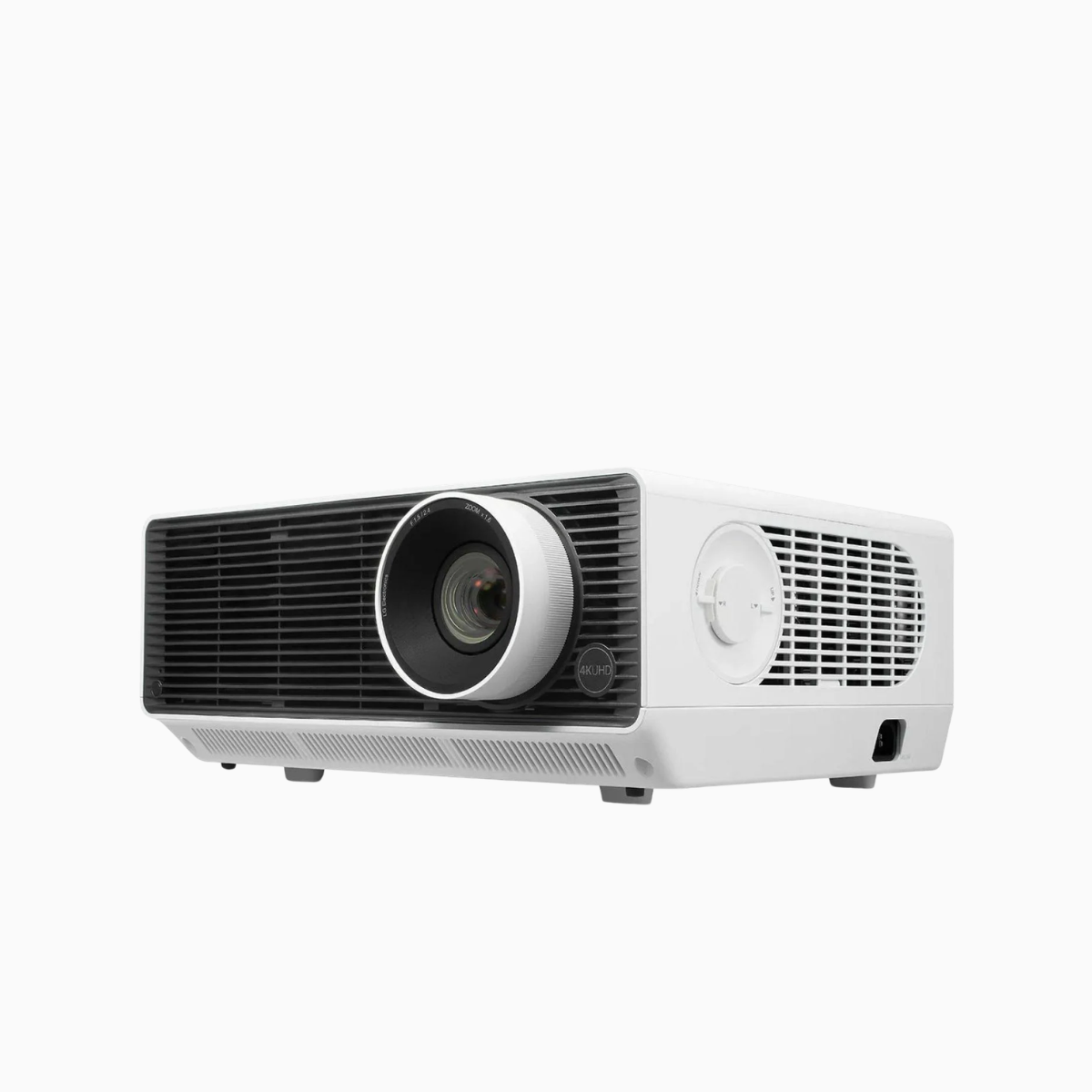 White projector with black accents on a white background