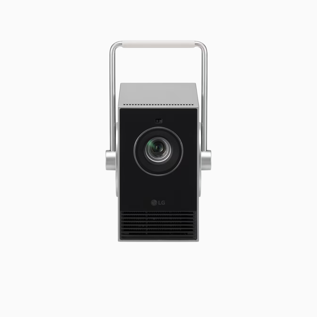 LG projector with a silver frame on a white background