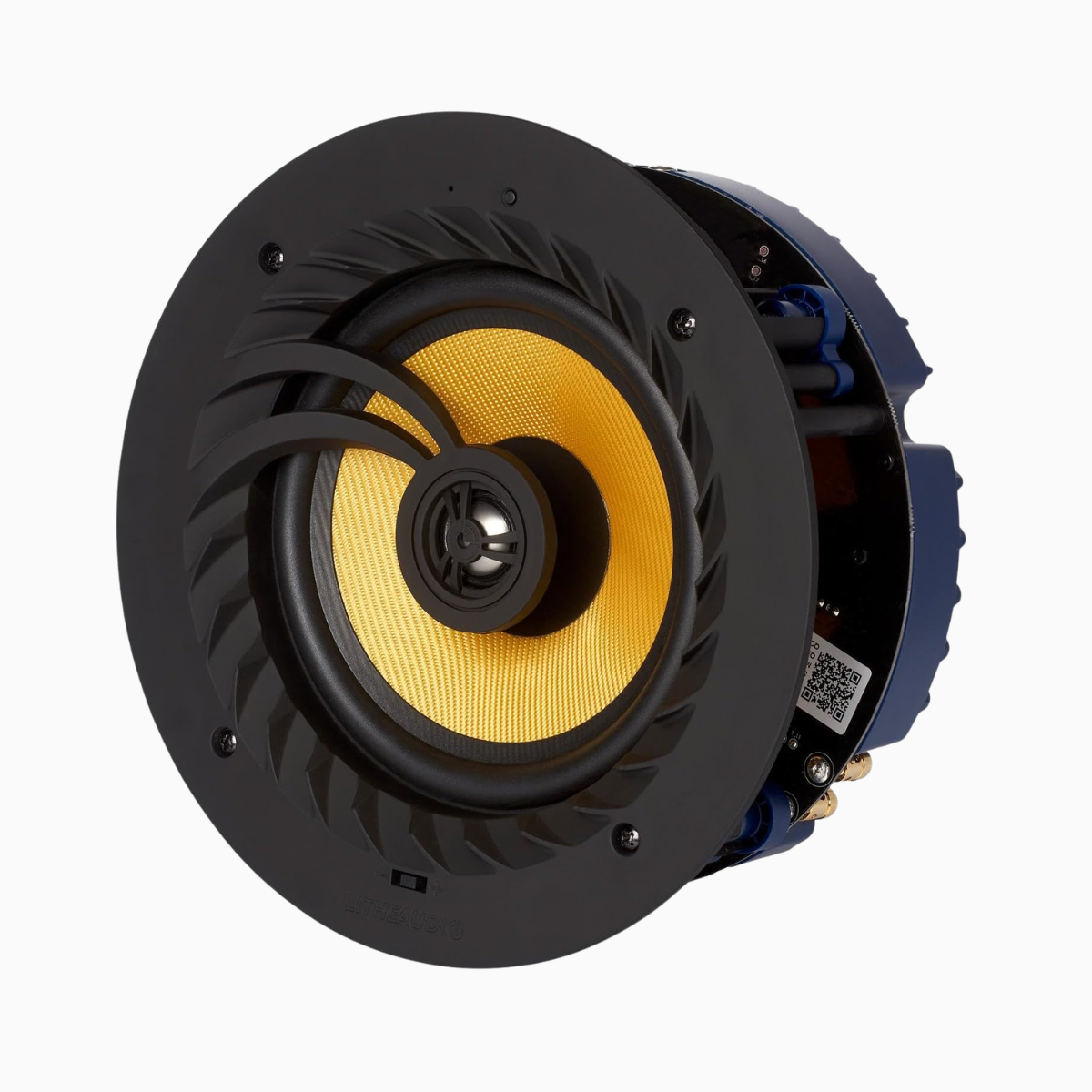 Lithe Audio speaker with black and yellow design on a white background
