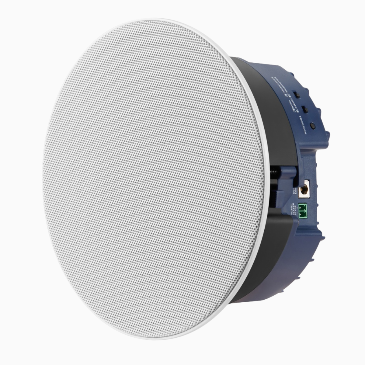 Ceiling speaker with white grille on a white background