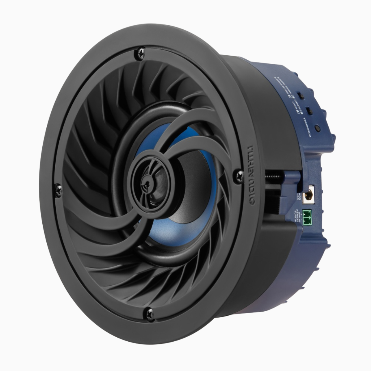 Round speaker with black and blue design on a white background