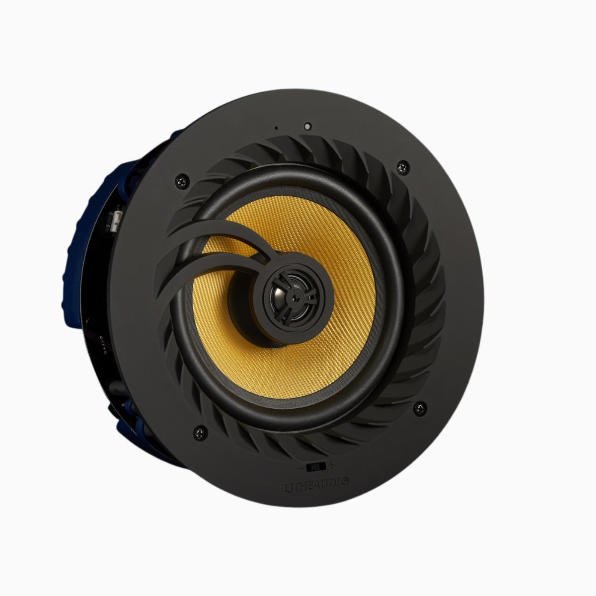 Round speaker with black and gold components on a white background