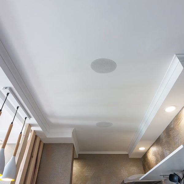 Ceiling with recessed lighting and a speaker grille