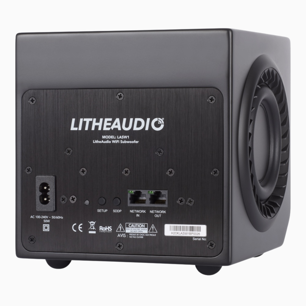 Back view of a black audio equipment unit with 'LitheAudio' branding on a white background.