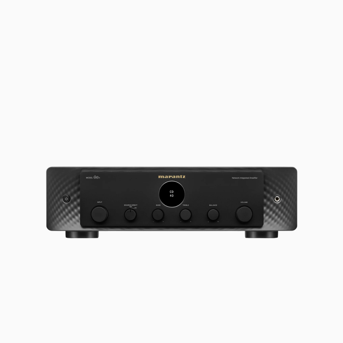 Black audio amplifier with Marantz logo on a white background