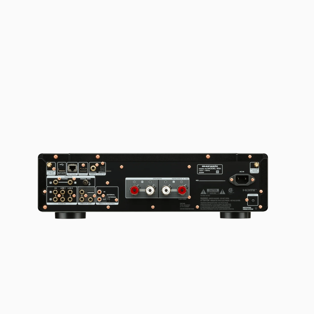 Back panel of an audio equipment unit with various connectors on a white background