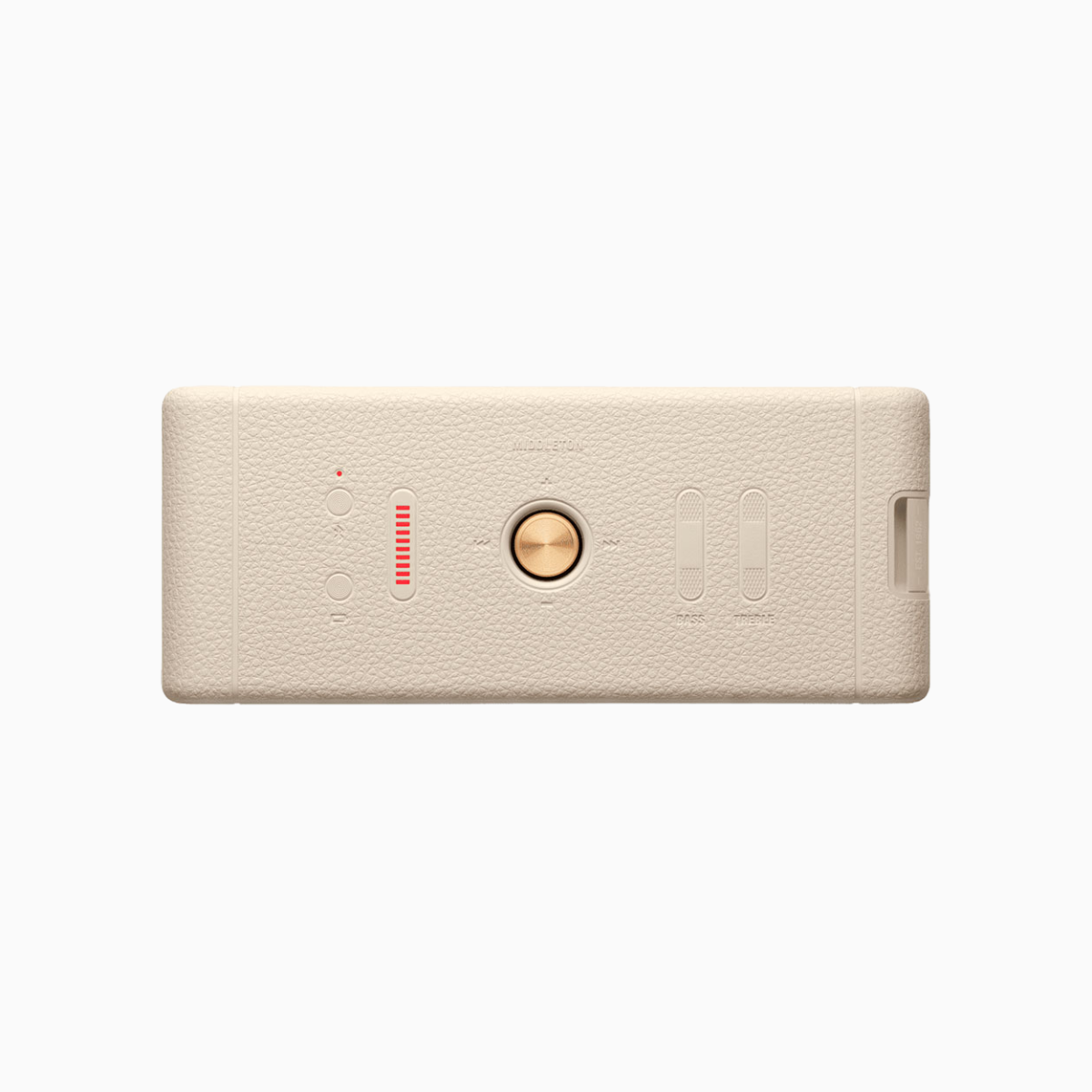 Beige electronic device with a circular button on a white background