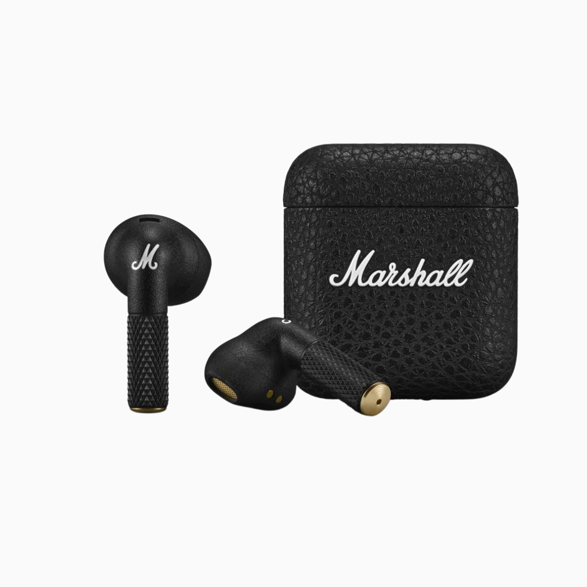 Black Marshall wireless earbuds with charging case on a white background