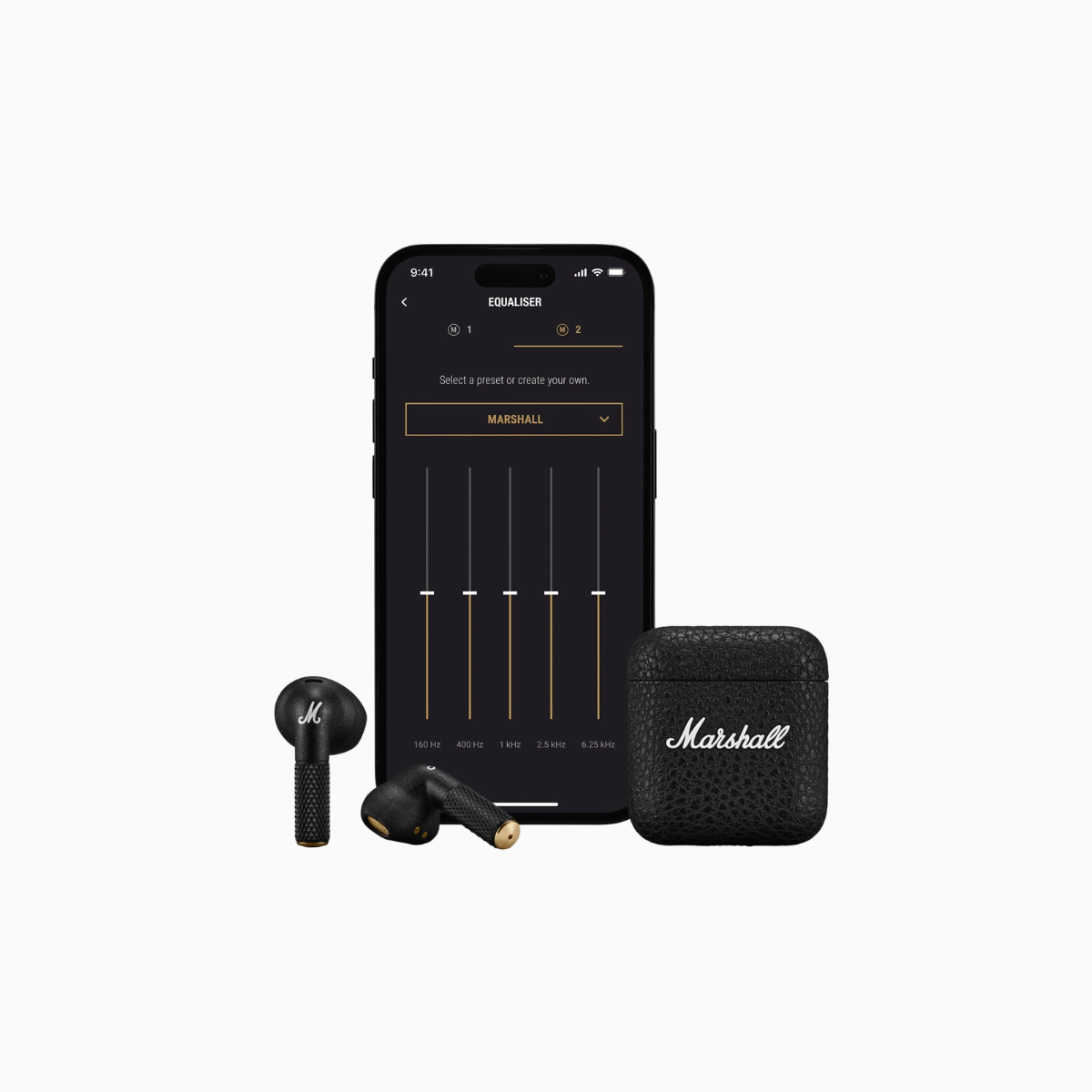 Marshall wireless earbuds with charging case and smartphone displaying Marshall app on a white background