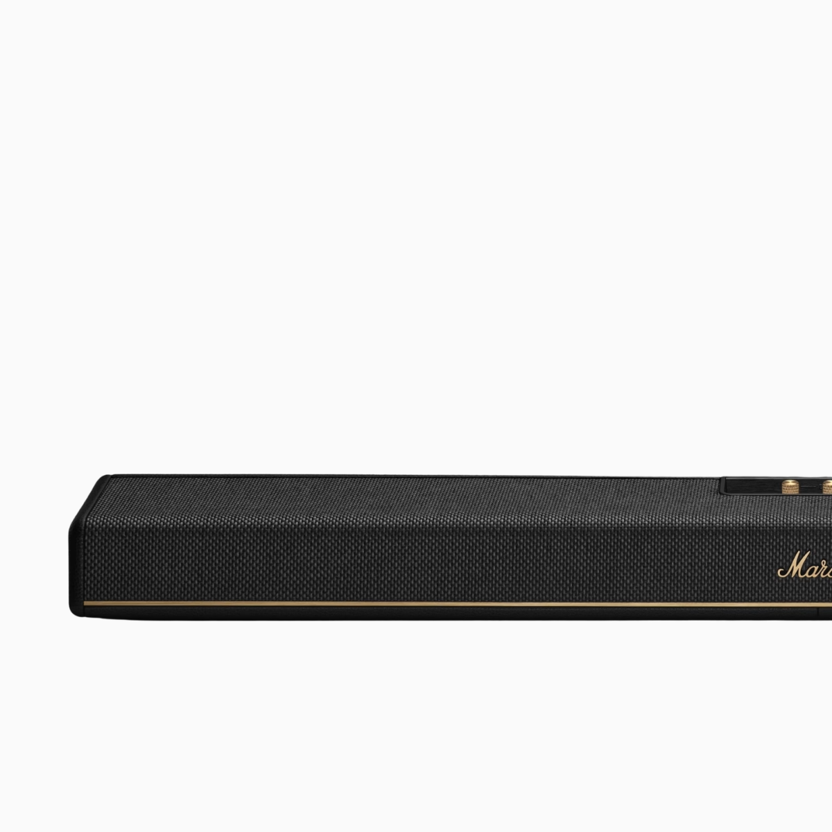 Black soundbar with Marshall logo on a white background