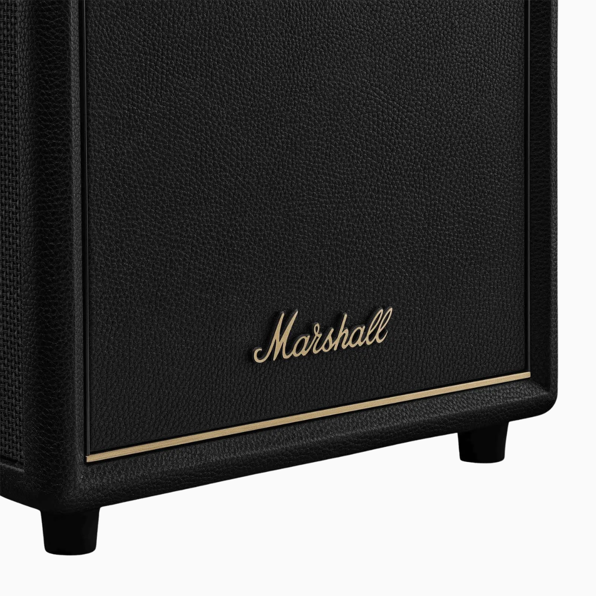 Black Marshall speaker with gold logo on a white background