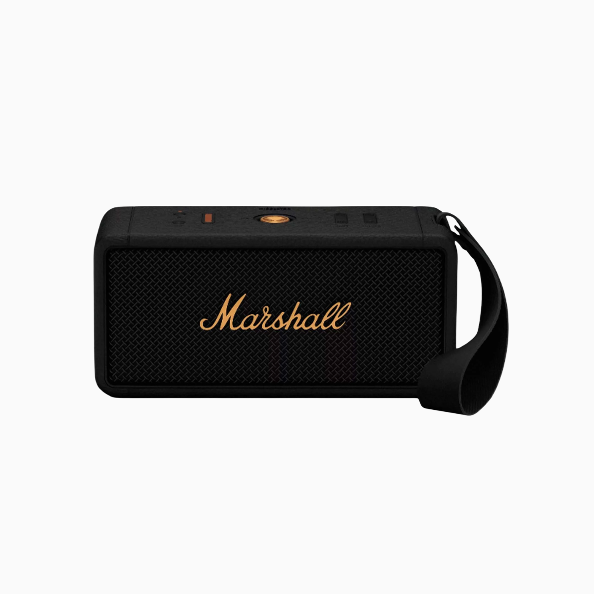 Black Marshall portable speaker with gold logo on a white background
